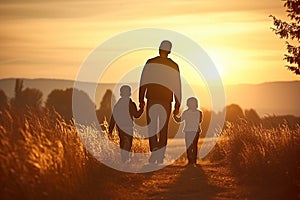 Happy family father, mother and child daughter launch a kite on nature at sunset. Generative AI