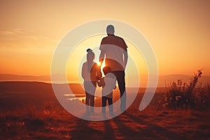 Happy family father, mother and child daughter launch a kite on nature at sunset. Generative AI