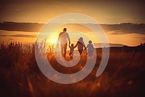 Happy family father, mother and child daughter launch a kite on nature at sunset. Generative AI