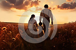 Happy family of father, mother and little daughter walking in the field at sunset, rear view of the Father and his children