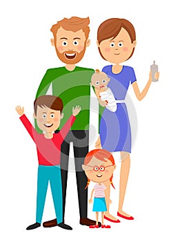 Happy family of father mother son daughter and baby standing over white background