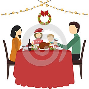 Happy family father, mother, son and daughter sitting at home near the table and celebrating Christmas