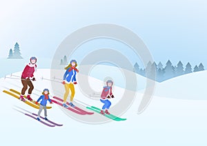 Happy Family Father Mother Son Daughter ski on Snowdrifts Winter snow background vector illustration