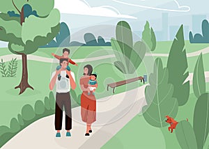 Happy family with father, mother and their son and daughter walk at the city park vector illustration. Joyful mom, dad