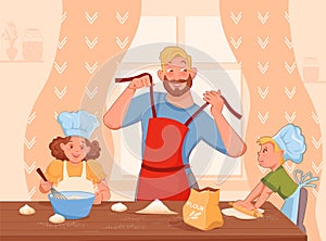 Happy Family Father and Two Children Cooking Food Together Big Table Vector. Cartoon Style