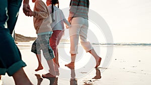 Happy family, feet or beach sand by holding hands in bonding, running or love to play on summer vacation. Parents