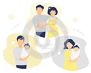 Happy family flat vector set. Husband with a pregnant wife, happy parents - dad and mom with a newborn baby in their arms. Vector
