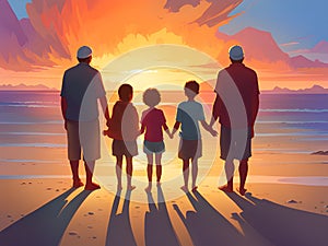 happy family of four at beach on sunset, Ai generated