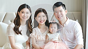 Happy family of four in casual attire smiling on white background for lifestyle ad