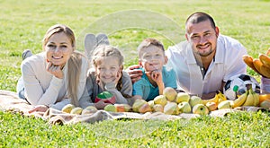 Happy family of four lying in the park