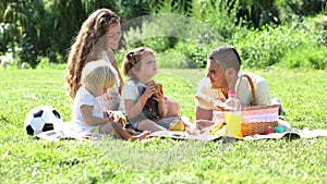 Happy family of four on picnic
