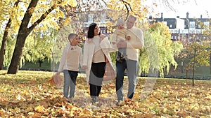 A happy family of four spend time in the autumn park. Family walking in the park and enjoying a sunny day