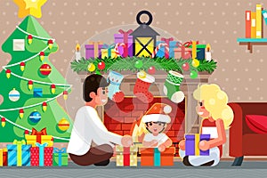 Happy family front of the fireplace opens gifts room christmas tree flat design vector illustration