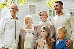 Happy family in front of house outdoors