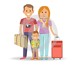 Happy family with full suitcases ready to travel