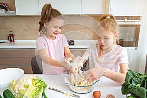 Happy family funny kids are preparing the dough, bake cookies in the kitchen. sisters having fun together laughing