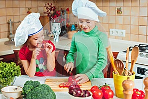 Happy family funny kids are preparing the a fresh vegetable salad in the kitchen