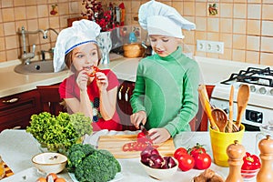 Happy family funny kids are preparing the a fresh vegetable salad in the kitchen