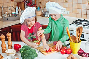 Happy family funny kids are preparing the a fresh vegetable salad in the kitchen