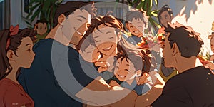 Happy family gathering outdoors, cherishing togetherness, love, and warmth under the evening sky photo