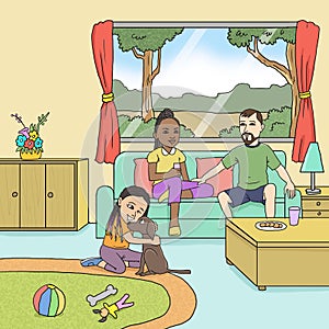 A happy family is gathering and playing in the family room illustration