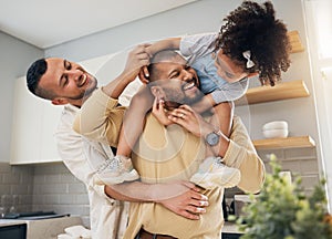 Happy family, gay parents and playing with child in home together with love, support and bonding with girl on shoulders