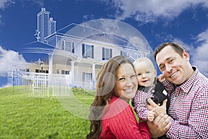 Happy Family with Ghosted House Drawing Behind