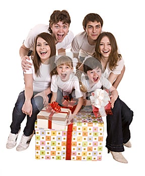 Happy family with gift box.