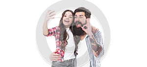 Happy family girl child and bearded man take selfie with mobile camera phone isolated on white, OK