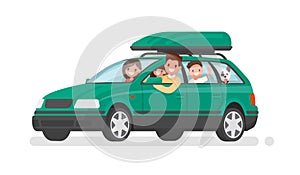 Happy family goes by car on vacation. Father, mother, son, daughter and dog go on a trip. Vector illustration