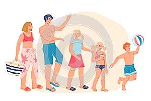 Happy family going to the beach. Family on summer vacation by the sea, flat vector