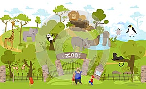 Happy family going to zoo, exotic animals cartoon characters, people vector illustration