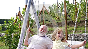 Happy family of grandchild boy and grandfather have fun swinging together in backyard, swing