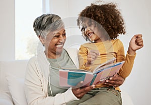 Happy family, grandmother and child reading book, laughing and bond with senior woman, funny story or literature joke