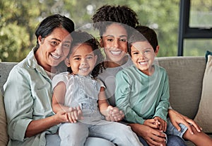 Happy family, grandmother and mom with her children in a portrait at home enjoying quality time on mothers day. Senior