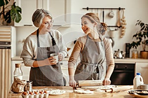 Happy family grandmother  old mother mother-in-law and daughter-in-law daughter cook in kitchen, knead dough, bake cookies