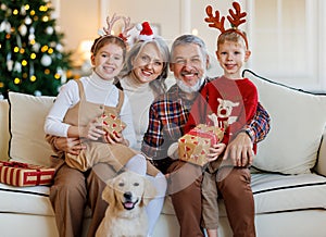 Happy family grandparents, grandchildren and dog golden retriever during Christmas holidays at home