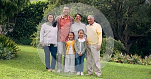 Happy family, grandparents and portrait outdoor at a park with love and care. Senior man and woman with young parents