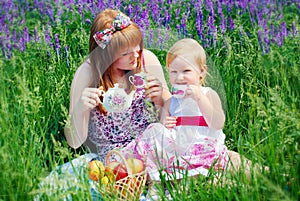 Happy Family in Green Grass take a Teaparty. photo