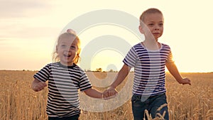 A happy family. A group of children run across the wheat field. Happy kids boy and girl play catch-up at sunset. Kids