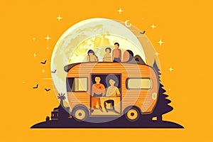 happy family or group of friends in wheel caravan in evening scenic moon illustration on road trip
