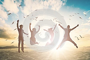 Happy family group jump on beautiful background concept for relax lifestyle