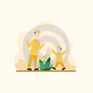 Happy family, Happy Muslim, Father and son hands up modern flat illustration design