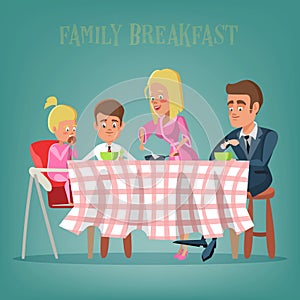 Happy Family Having Breakfast in Kitchen. Mom, Dad, Son and Daughter Eating on the Table