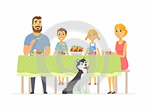 Happy family having dinner together - modern cartoon people characters illustration