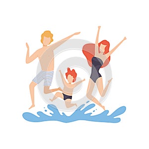 Happy Family Having Fun on Beach, Mother, Father and Son Having Summer Vacation on Seashore Vector Illustration