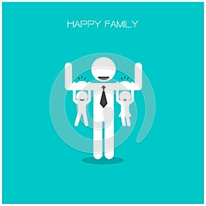 Happy family having fun,daughter and son hang on daddy's arms,f