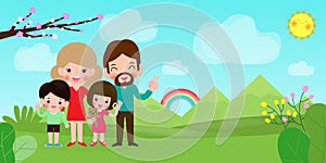 Happy family having fun. Father, mother and children are traveling to nature. Isolated vector illustration cartoon style.