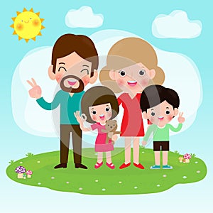 Happy family having fun. Father, mother and children are traveling to nature. Isolated vector illustration cartoon style.