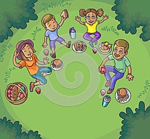 Happy family having picnic outdoors.